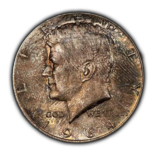 1964 50c Kennedy Half Dollar - Rainbow Pattern Toning - BU - VIDEO - SKU-H3176