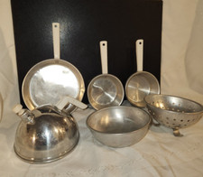 Vintage Aluminum Child Cookware Teakettle, colander, bowl, sauce pans, skillet