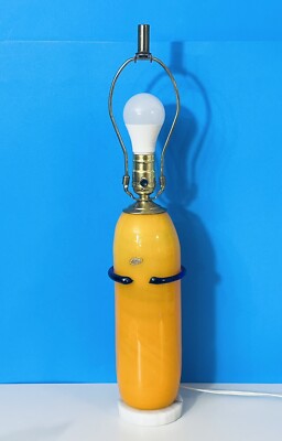 Yellow And Cobalt Art Glass Blenko Table Lamp With Marble Base Cylinder Yr 2000