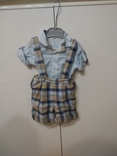 Completo bimbo neonato 3 mesi 💙 camocia salopette shorts quadri azzurro beige