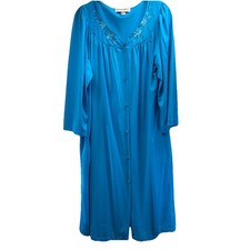 Miss Elaine Women's Bathrobe Sz L Solid Blue Slinky Nylon Button Up Embroidered