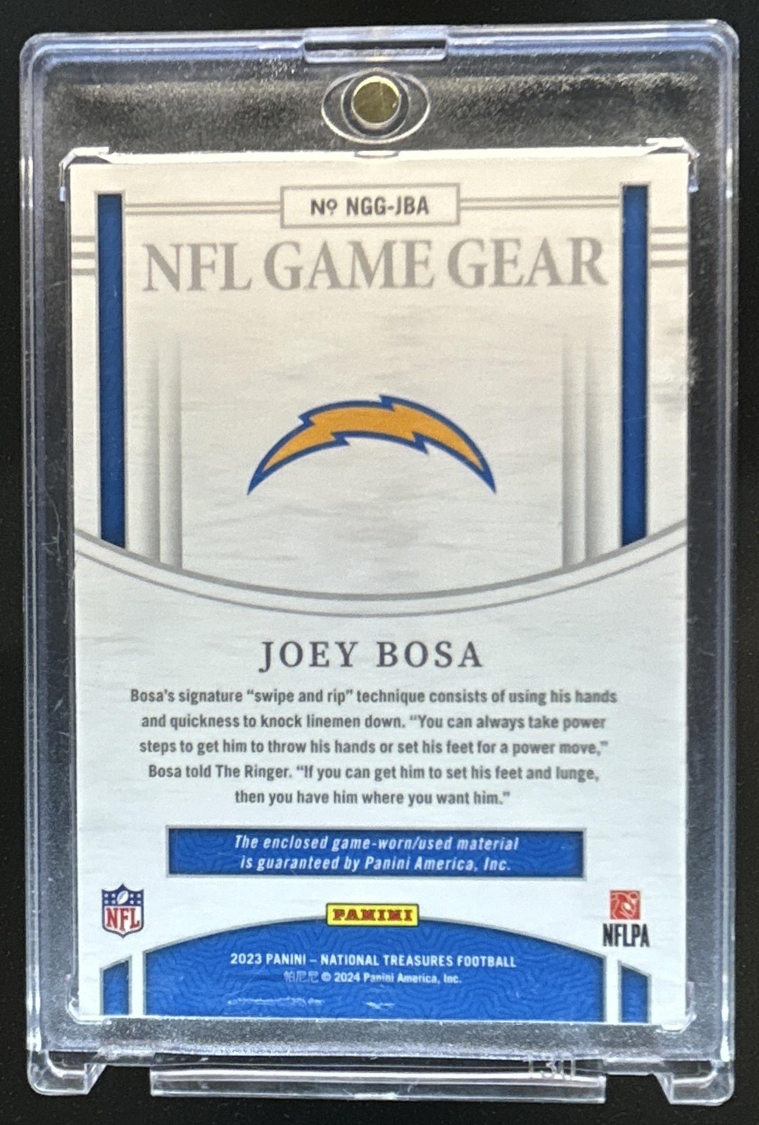 2023 Panini National Treasures Joey Bosa NFL Game Gear Patch Super Prime #1/1 view 2