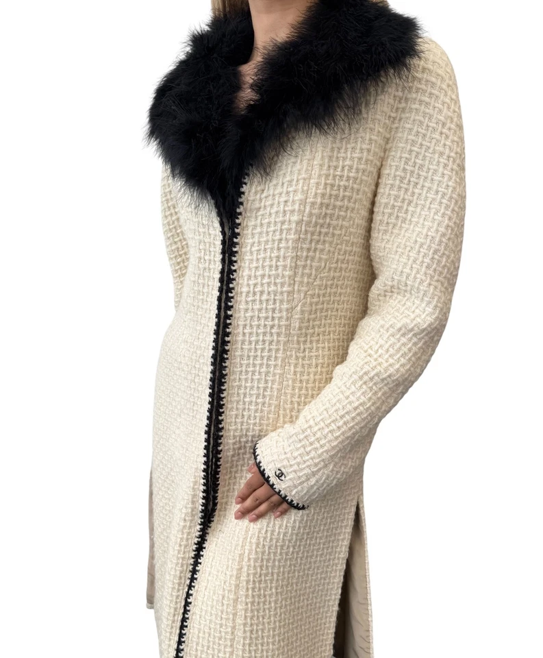 Abrigo largo de piel de tweed con logotipo 00A CC vintage Chanel #38 cremallera crema lana negra Foto 2 de 4