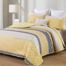 Cottolester Boho Quilt Set King Size Yellow Striped Bedspread Lightweight Sof...