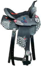 Western Leather Barrel Racing Horse Saddle Equestrian Trail - white Spider