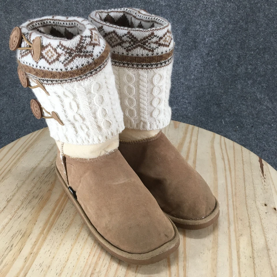 Botas Muk Luks para mujer 10 Cheryl Pull On media pantorrilla botas de invierno tela blanca marrón Foto 3 de 4