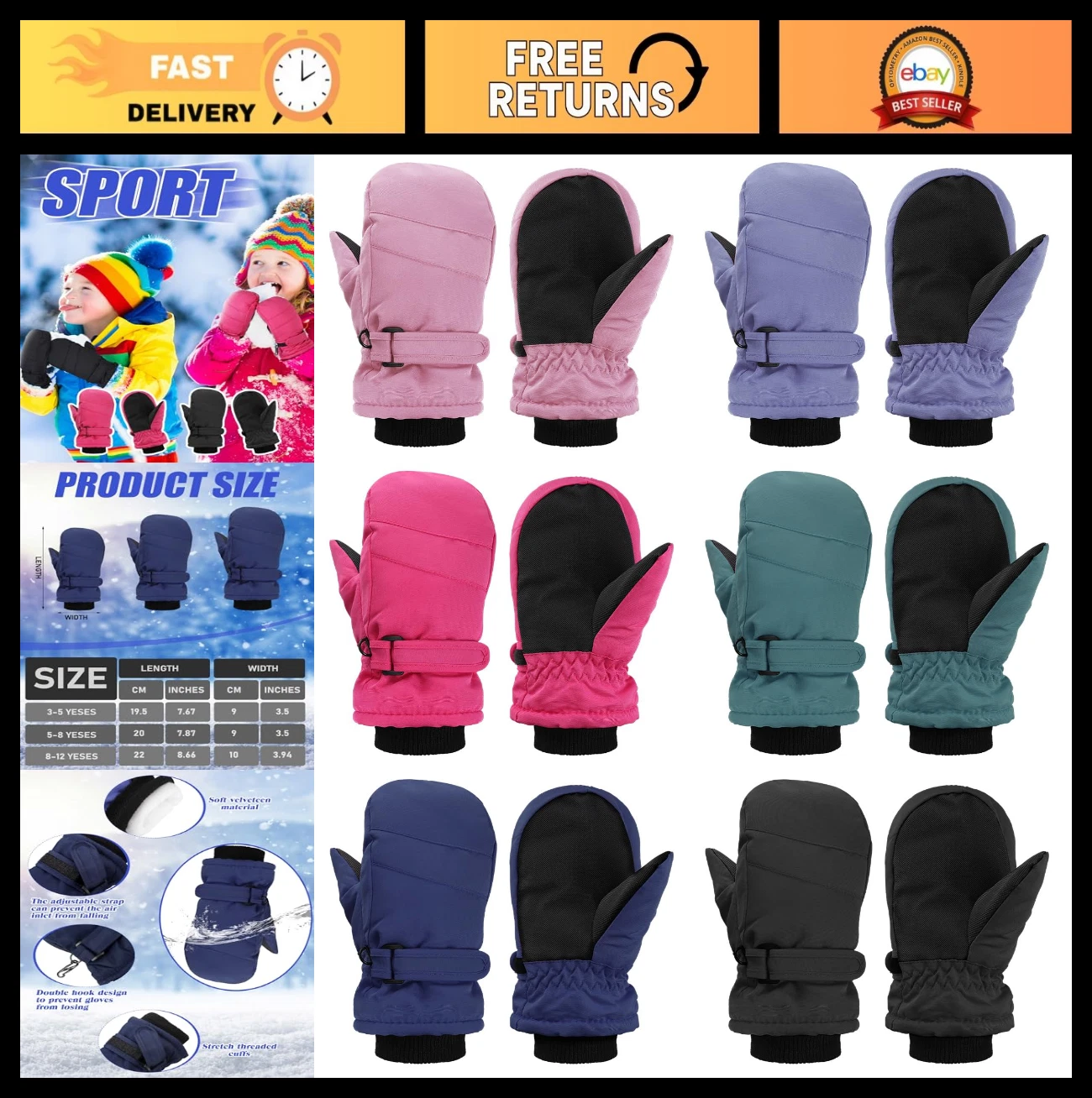 6 Pairs Kids Waterproof Winter Ski Mittens Gloves - Warm Snow Gear for Boys & Gi