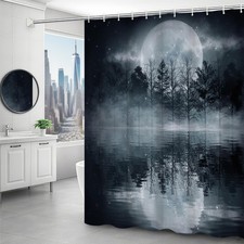 Moon Shower Curtain Night Scenery Woodland Lake Bathroom Curtain Starry Sky N...