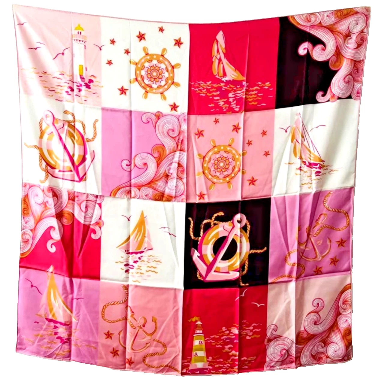 41"X41"Pink Sailing Print Pure Twill Mulberry Silk18momme Scarf 108x108cm5-11