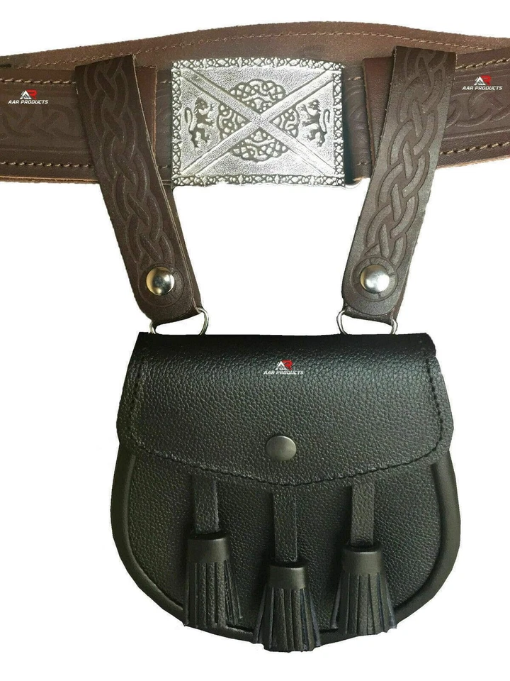 AAR Pair of Sporran Suspenders Leather Celtic Embosed Design with Heavy Hooks - Image 3 of 4