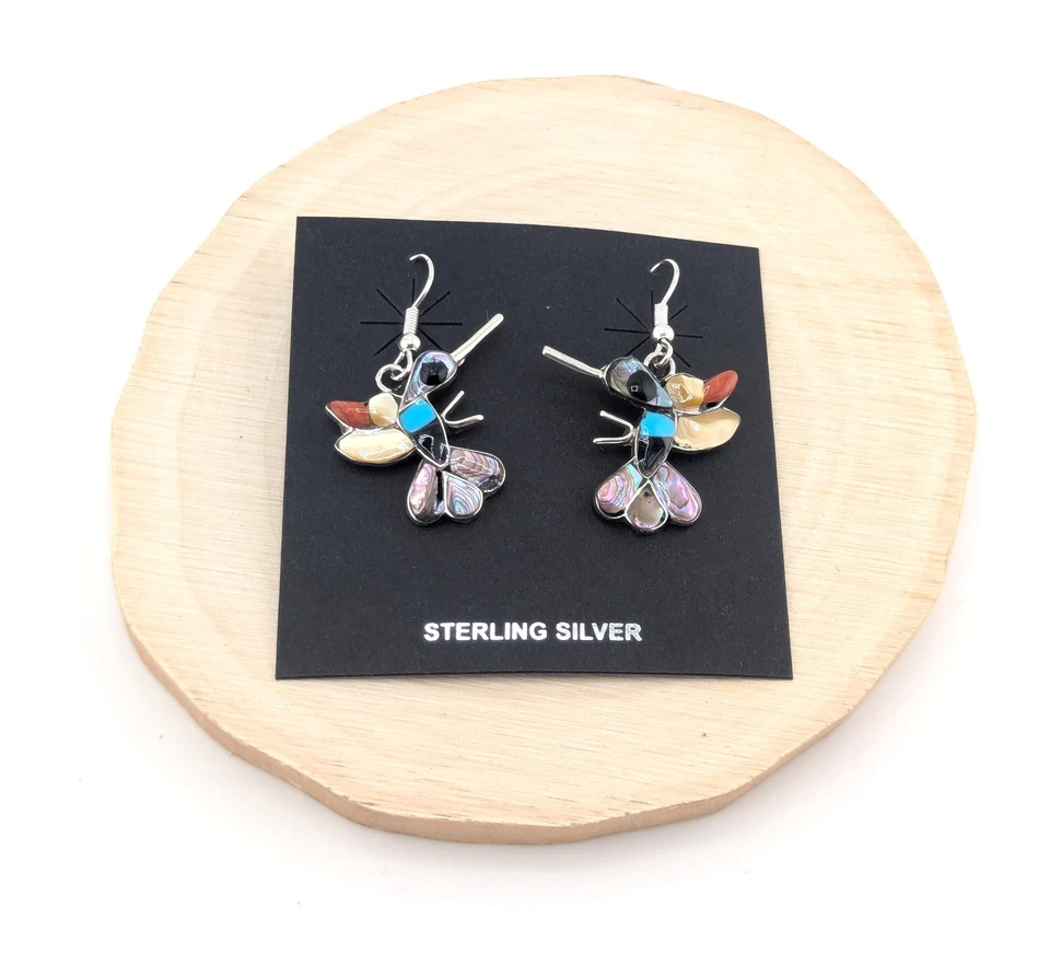 Zuni Sterling Silver Hummingbird Inlay Multi Stone Dangle Earrings Jewelry - Image 3 of 4