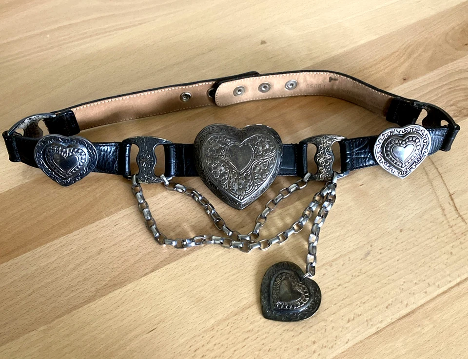 VTG Streets Ahead Mia Heart Belt Black Croc Leather Concho Chain Rock Star 32" S - Image 2 of 4