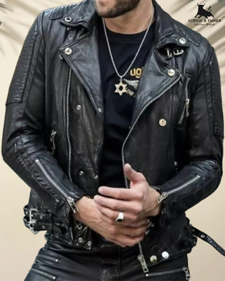 Herren Biker Echt Lammfell Schwarz Motorrad Lammfell Echtleder Jacke