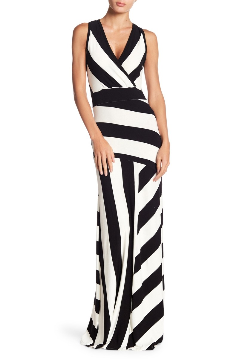 go couture sleeveless maxi stripe dress Go Couture made USA B/W/G Sleeveless Maxi Stripe Dress SZ S ($148)