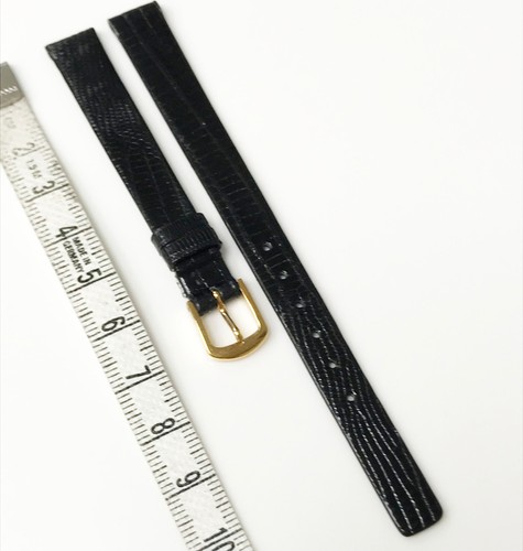 Genuine Teju Lizard Genuine Leather Black Tone 10mm Gold Buckle Watch Band - Picture 4 of 4