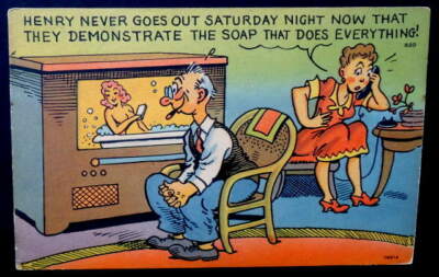 COMIC LINEN POSTCARD MAN WATCHING TV NUDE WOMAN IN BATHTUB #22 | eBay