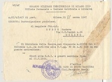 1947  Comando Milit. Milano - punizione per il magg. Oneto Gustavo (RSI)