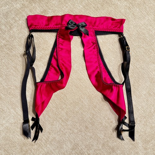 Bordelle Garter Belt Bright/Deep Fuchsia Pink and Black with Bows, Size Small