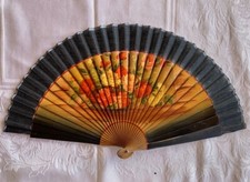 Antique Spanish Fan Hand Painted Roses Transfer Linen And Wood Collectible