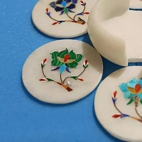 White Marble Inlay Coaster Set Multi Stone Floral Marquetry Arts Handmade Decors - Picture 4 of 6