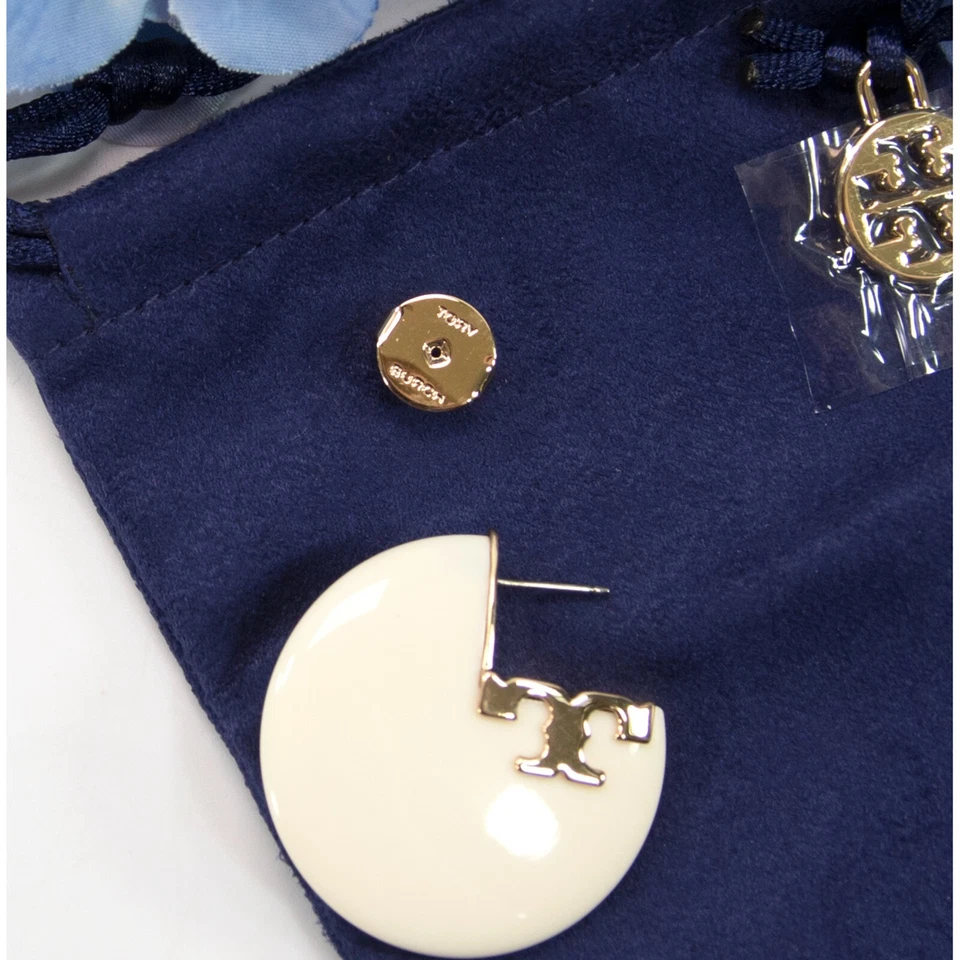 Pendientes de aro de resina marfil con logotipo aplicado Tory Burch 60303 nuevos con etiquetas Foto 3 de 4