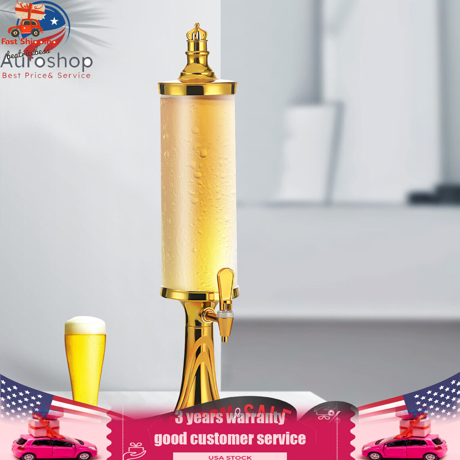 3L Beer Tower Beverage Dispenser Faucet Beverage Drink Dispenser LED Lights US