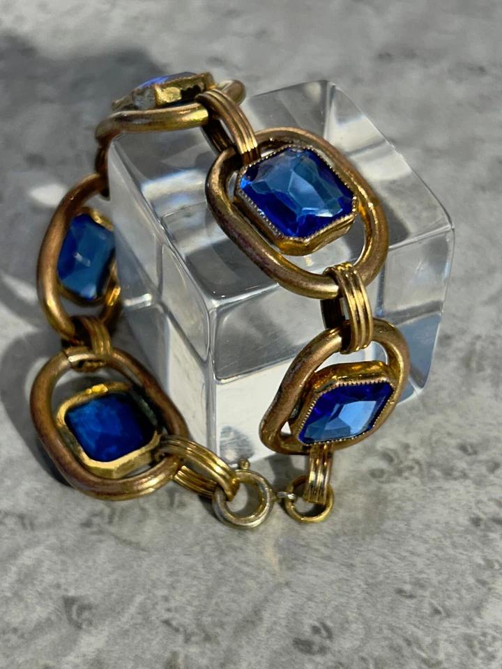 PULSERA VINTAGE LATÓN Y CRISTAL AZUL - PIEDRAS GRANDES 12MM LARGO Foto 2 de 4