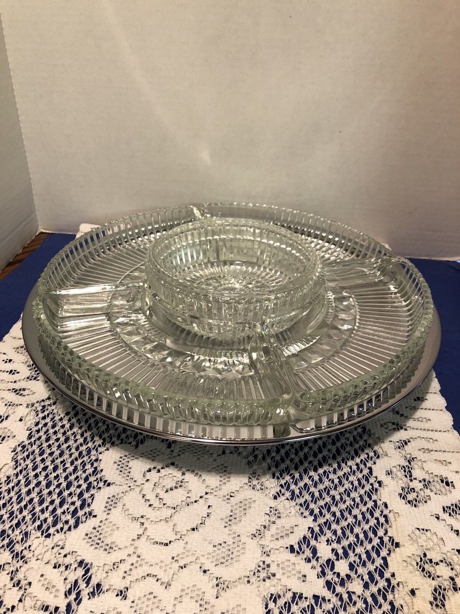 1950's Kromex 6 Pc Rotating LAZY SUSAN Relish Tray Crystal Glass