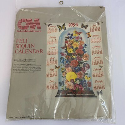 Columbia Minerva Felt Sequin Calendar 1984 #7474 Bell Glass Decoupage