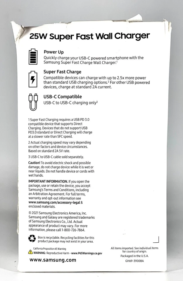 Cargador de pared USB-C Samsung 25 W OEM adaptador de corriente súper rápido para S20 S21 S23 Note Foto 2 de 2
