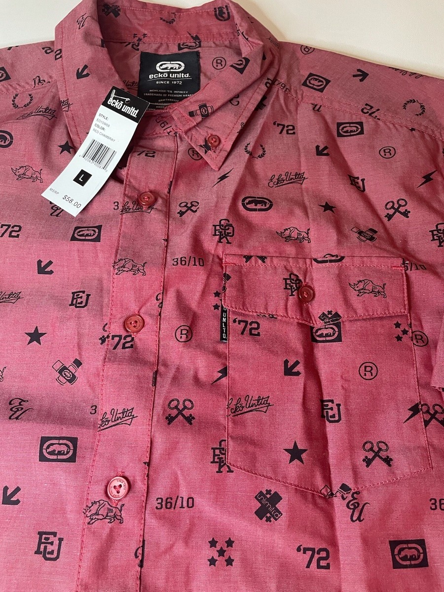 NWT Ecko Unltd All Over Print Mens Red Button Front Shirt L