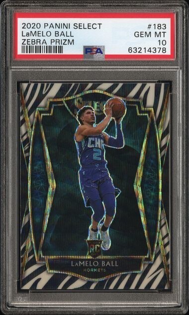 2020 Panini Select #183 Lamelo Ball Premier Level Zebra Prizm SSP Rookie PSA 10