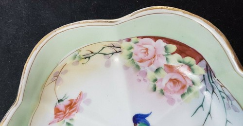 Cuenco de cerámica vintage pintado a mano pájaro nipón con flores - Imagen 5 de 7