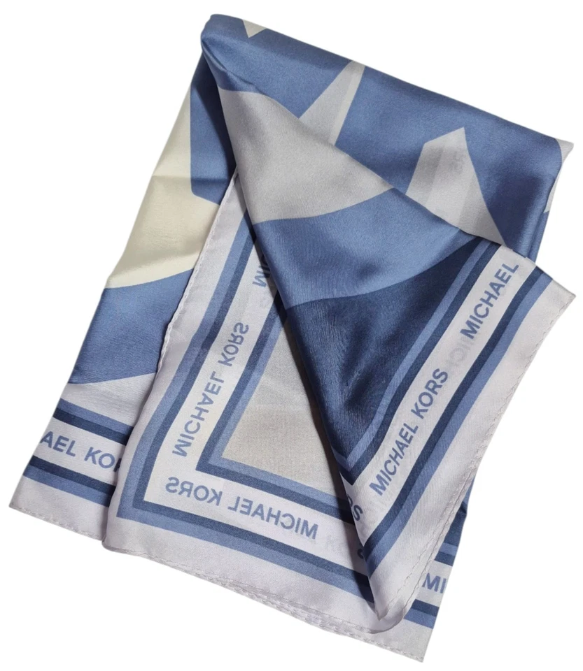 Michael Kors Color-Block Logo Dije Bandana de Seda Azul Cambray Multi Cuadrado Nuevo Foto 3 de 4
