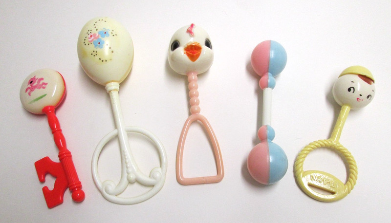Lot of Five Cute 50's Era Plastic Baby Rattles Great Condition Work Fine