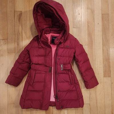 United Colors of Benetton Girls Down Puffer Coat Hooded Belted Berry Pink Red