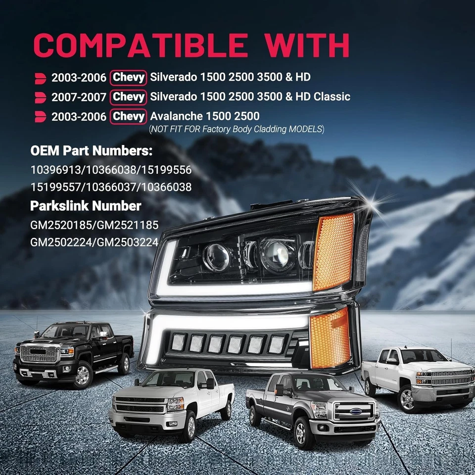 For 2003-2006 07 Chevy Silverado 1500 2500 3500 Headlights+Bumper Light LED DRL Foto 2 de 4