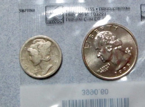 1920 S Mercury Dime and Uncirculated 1995 Washington Quarter