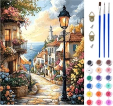 Street Scene Paint by Numbers Kit for Adults, Coastal Town Acrylic Paint by Numb