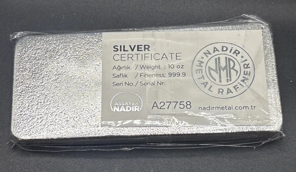 Barra de plata de 10 onzas - Refinería de metal Nadir - 999,9 fina - Certificado presente Foto 3 de 3