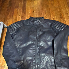 Distortion Men's Black Leather Biker Jacket Full Zip Pockets Band Collar M