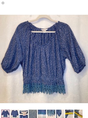 Sundance Blue with White Polka Dots Crochet Lace Hem Boho Peasant Top