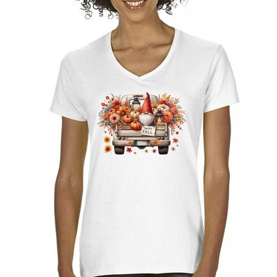 Fall Gnome Truck Women's V-Neck T-shirt Pumpkin Patch Cozy Thanksgiving Harvest
