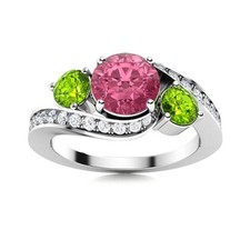 925 Sterling Silver Round Pink Topaz  Peridot Three Stone Women Wedding Ring