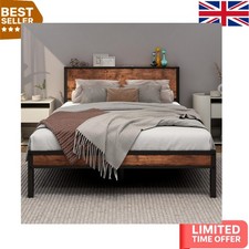 Elegant Double Bed Frame with Wooden Storage Headboard - Metal Platform Design