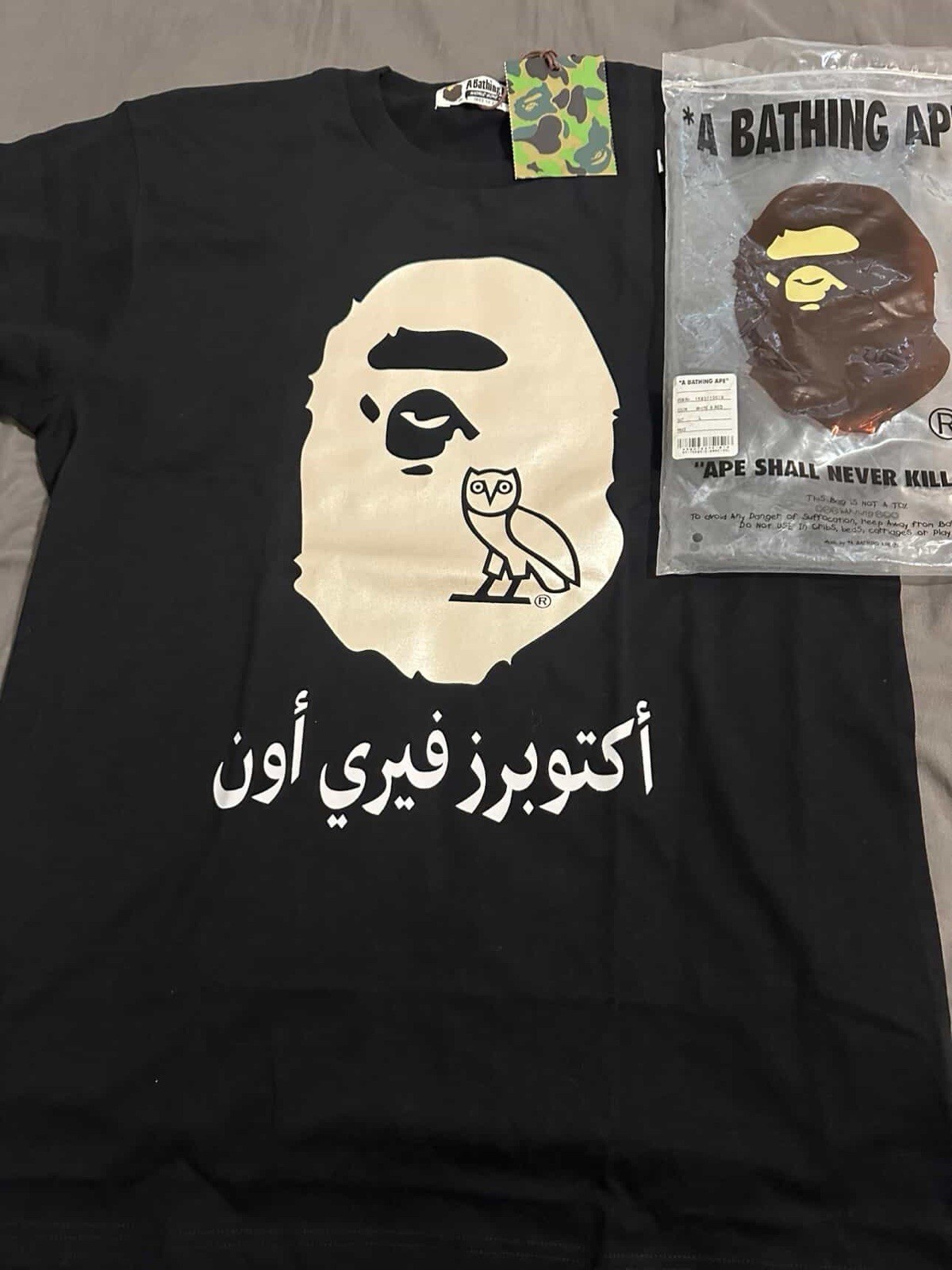 A Bathing Ape x OVO Men's Black Graphic Print Logo Owl Arabic Text T-Shirt