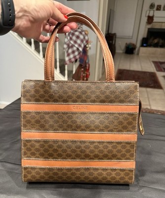 Vintage Celine Macadam MC96 Top Handle Tote Brown Coated Canvas Leather Stripes