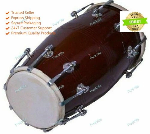 Precussion Wood Dholak Indian Folk Musical Instrument Drum Dark Color With Bag