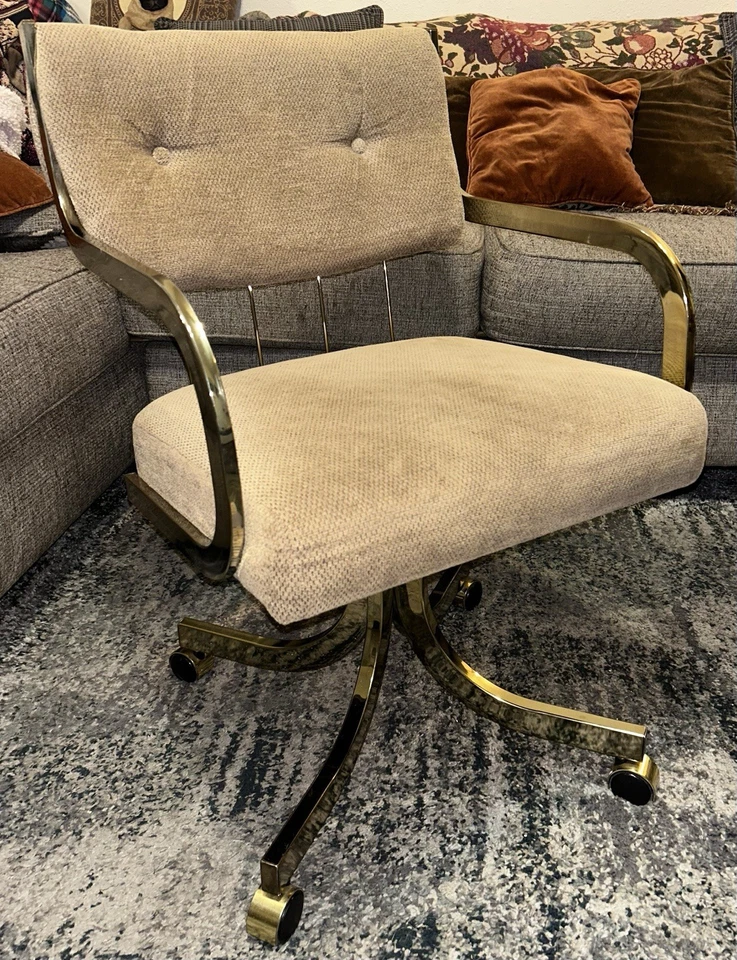 Vintage Hollywood Regency Chromcraft Brass Style/Upholstered Rolling Chairs Set - Image 2 of 4