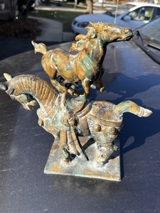 Vintage TOYO War Horse Tang Dynasty Cast Iron Patina Statues lot of 2
